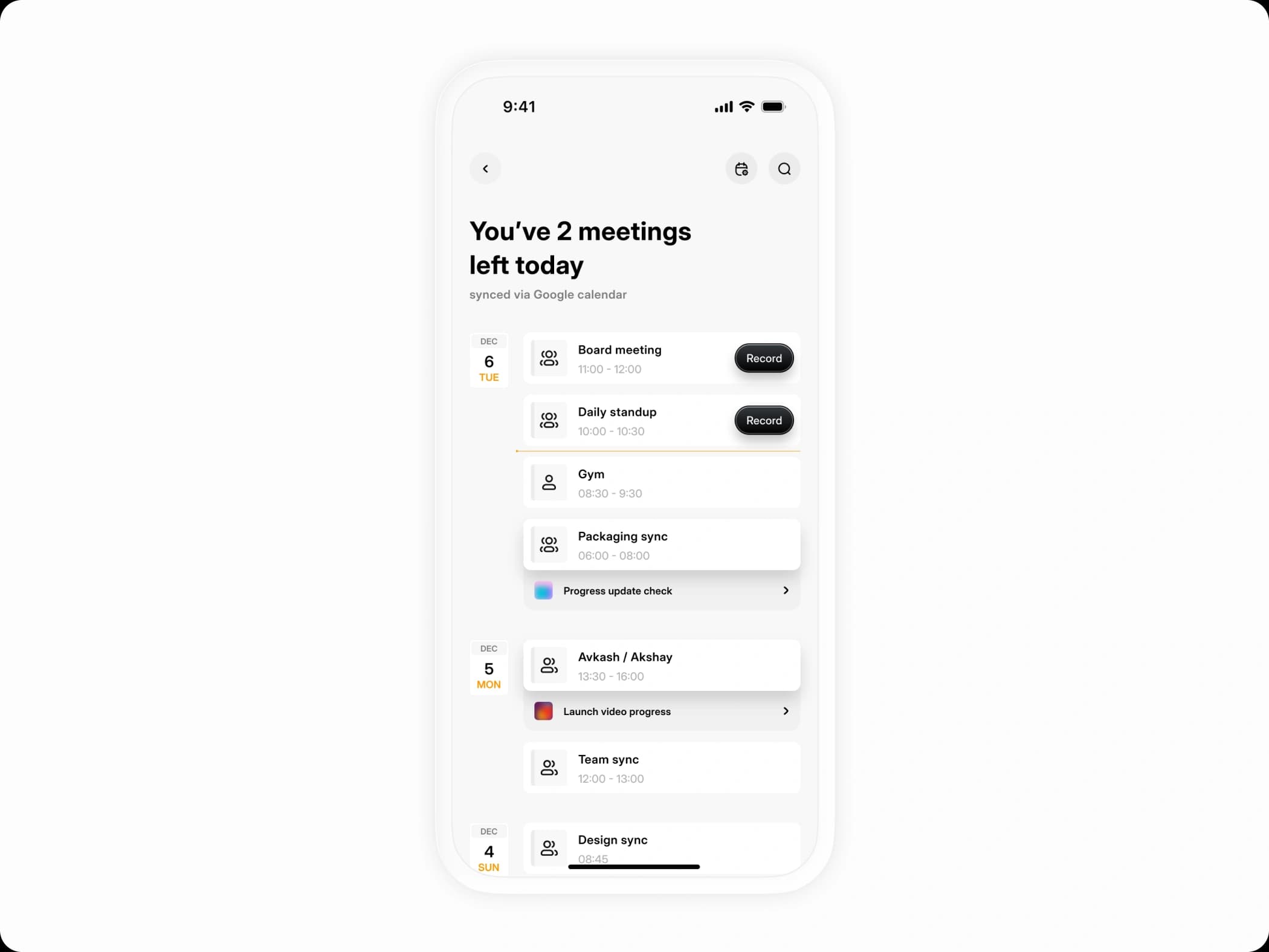 Calendar view of a user's day